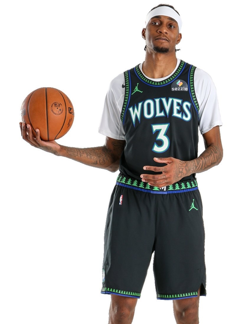 Minnesota Timberwolves new 2026-27 black alternate jersey leaked with throwback green tree print pattern on the collar trim and shorts waistband, brighter blue and green color palette returning from the original 1989 expansion identity, the centerpiece of the Wolves rebrand we predicted ahead of the June 7 official uniform reveal