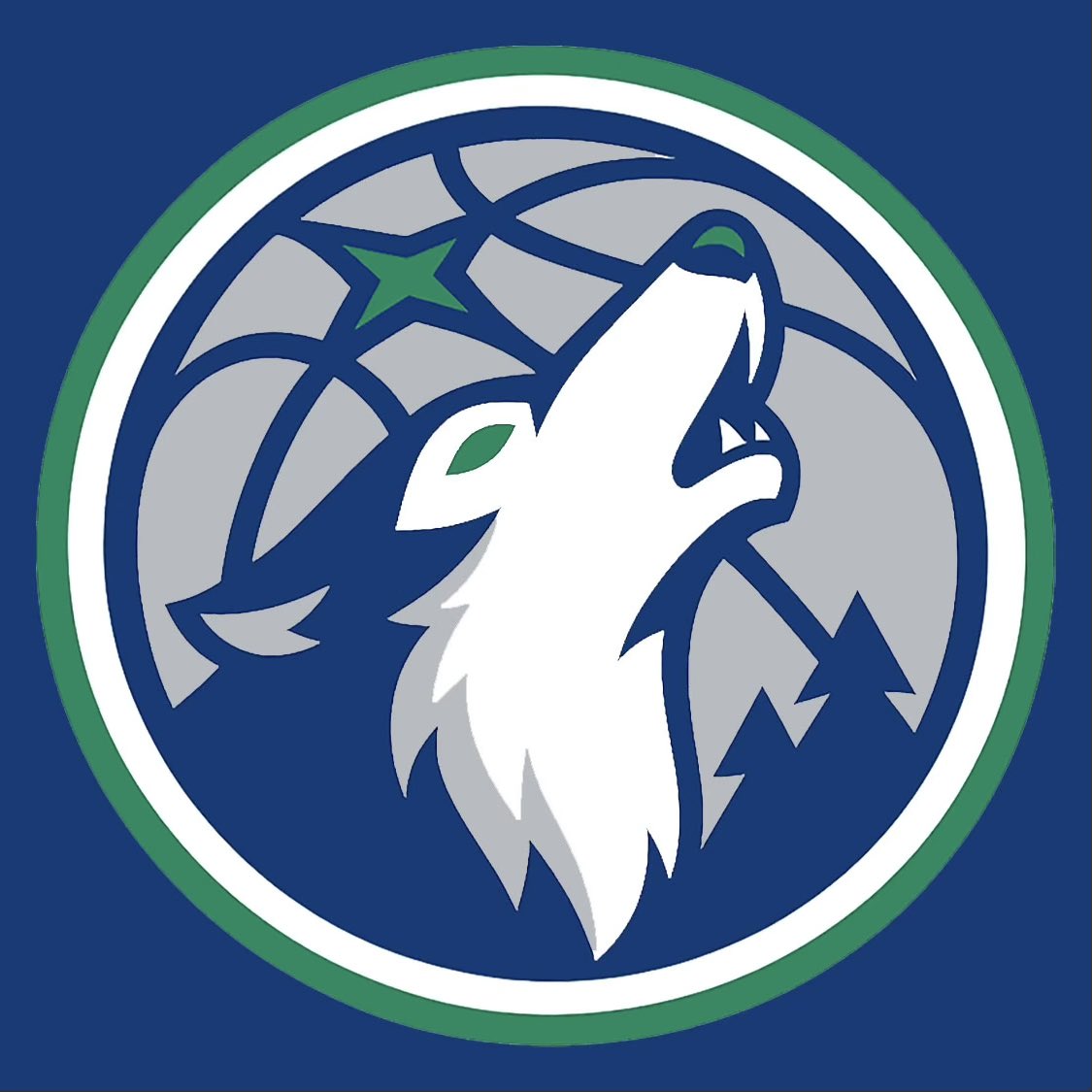 Minnesota Timberwolves new wolf head crest logo for the 2026-27 rebrand with the howling white wolf inside a basketball with a star, navy and green border ring, the modernized primary brand mark that anchors the entire new uniform identity