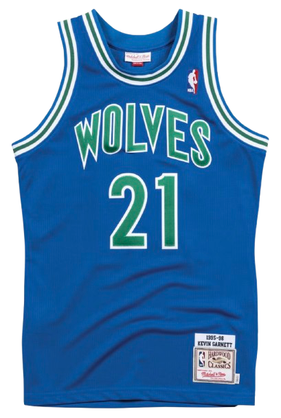 Minnesota Timberwolves 1995-96 Kevin Garnett Mitchell and Ness throwback jersey in classic blue with WOLVES wordmark in white and bright green outline, green 21 number, and white piping with green stripes on the shoulders, an original road jersey design from the Kevin Garnett era we expect to influence the June 7 2026 Timberwolves uniform reveal