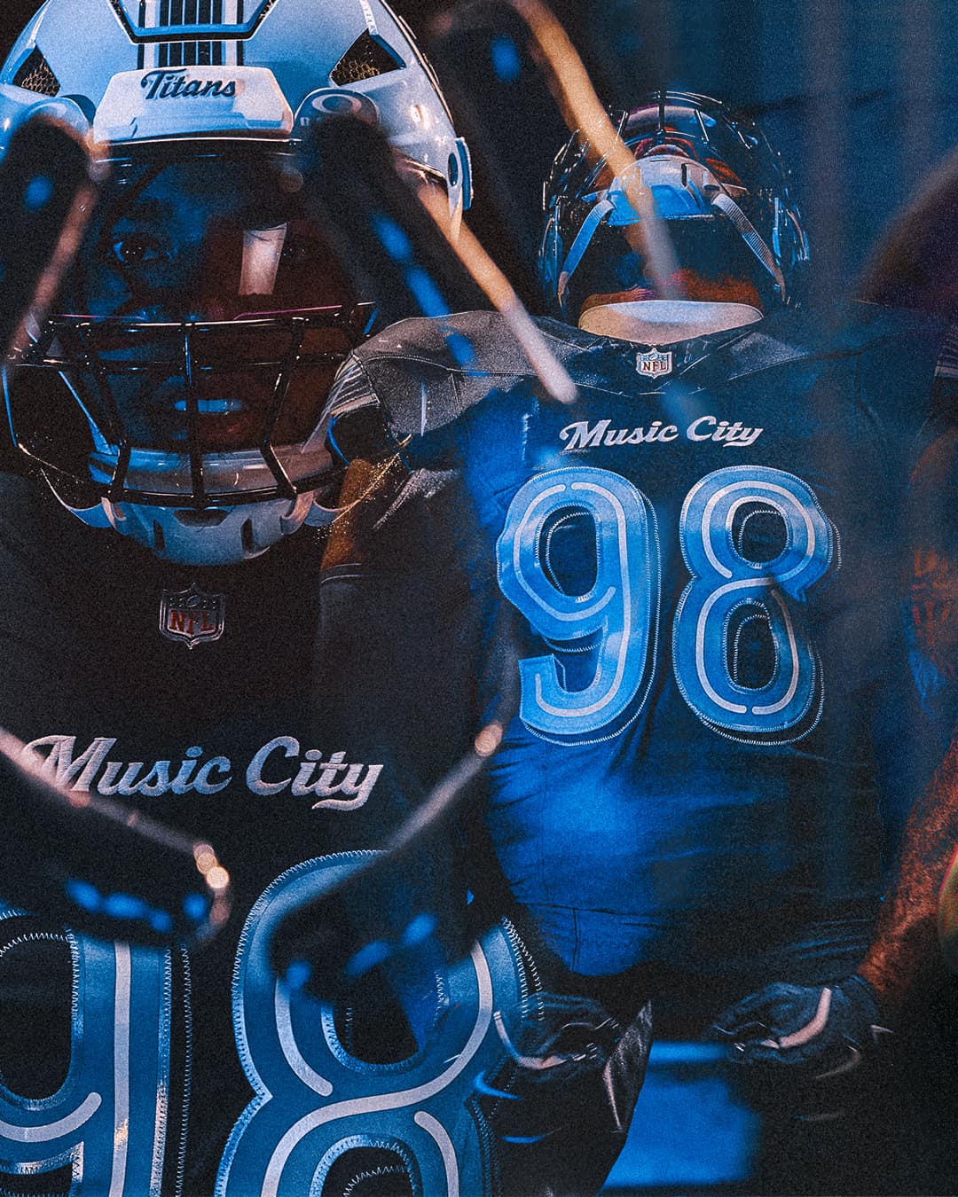 Tennessee Titans Music City Rivalries detail, the Titans Blue helmet beside the Music City script and neon-inspired numbers