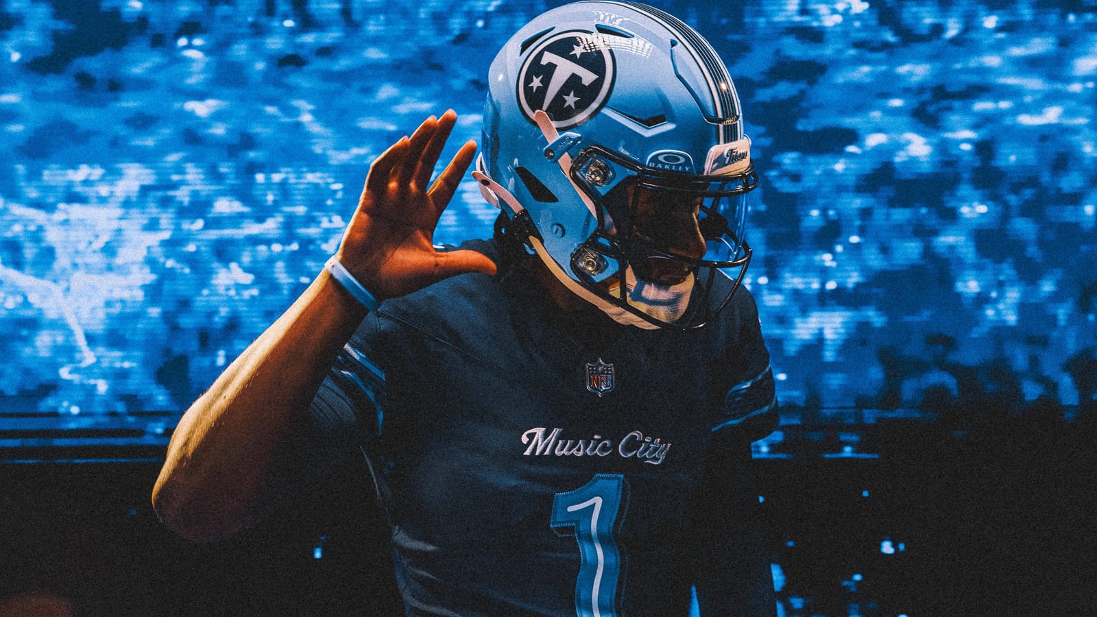 Tennessee Titans Music City Rivalries uniform, navy jersey with Music City script and neon numbers under a Titans Blue helmet