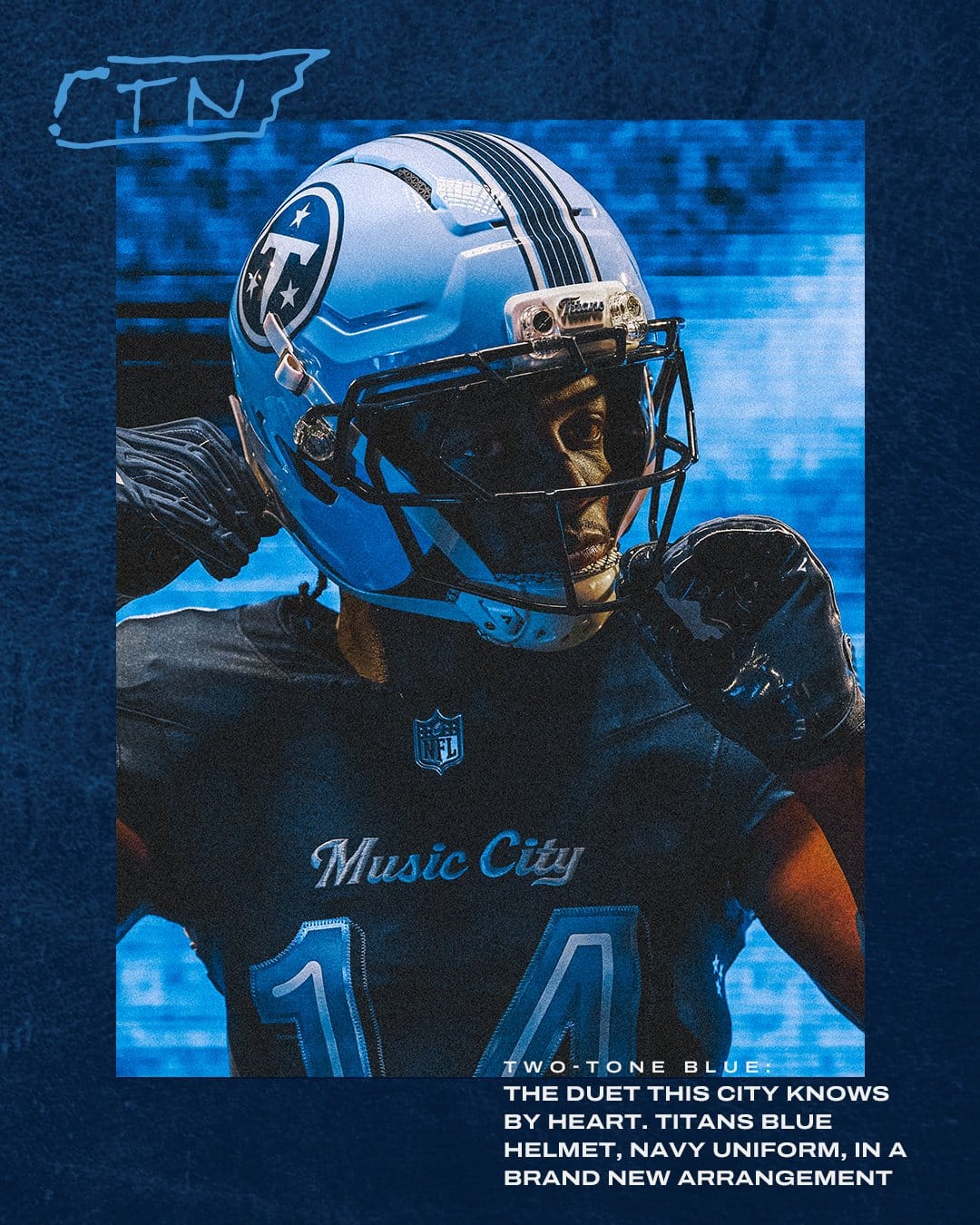 Tennessee Titans Music City Rivalries helmet, the Titans Blue shell with the circular navy T logo, navy crown stripes and a black facemask