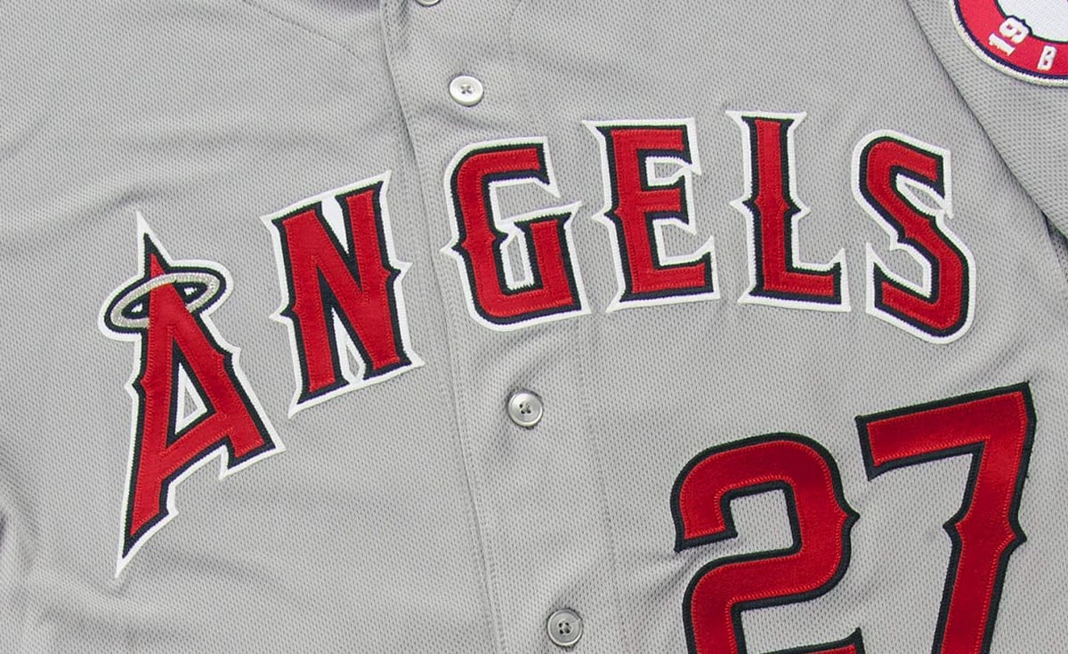 Los Angeles Angels road gray jersey with the halo wordmark designed by Todd Radom