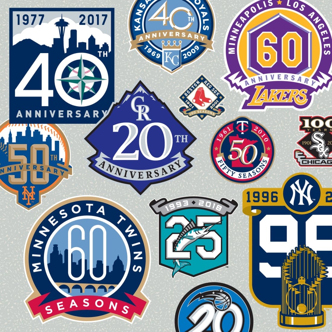 A collection of Todd Radom anniversary logos including the Mariners 40th, Royals 40th, Rockies 20th, Twins 60 Seasons, Mets 50th and Lakers 60th