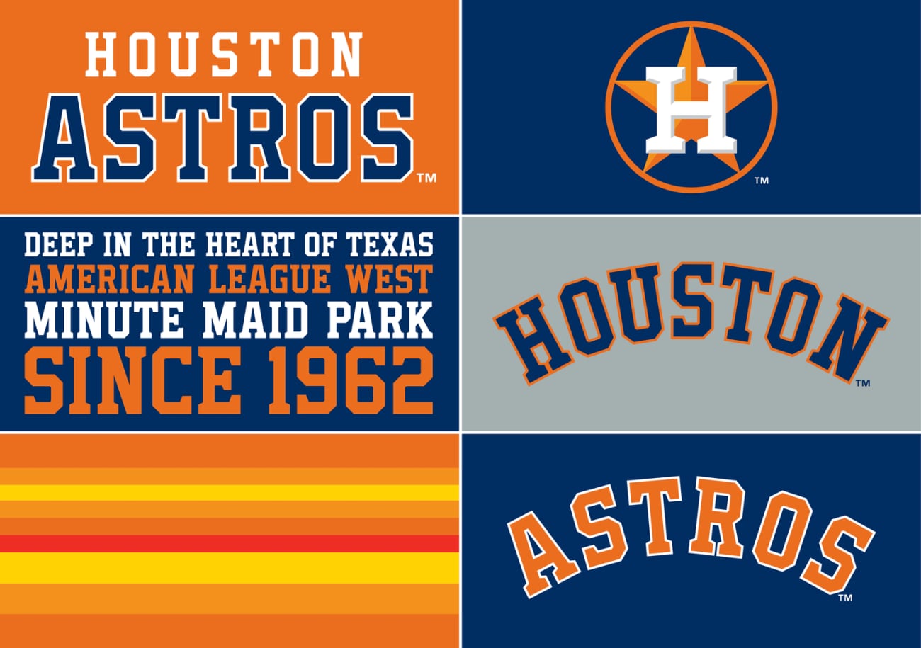 The Houston Astros navy and orange identity system by Todd Radom and Fanbrandz, with the Astros wordmark, Houston script, roundel and tequila sunrise stripes