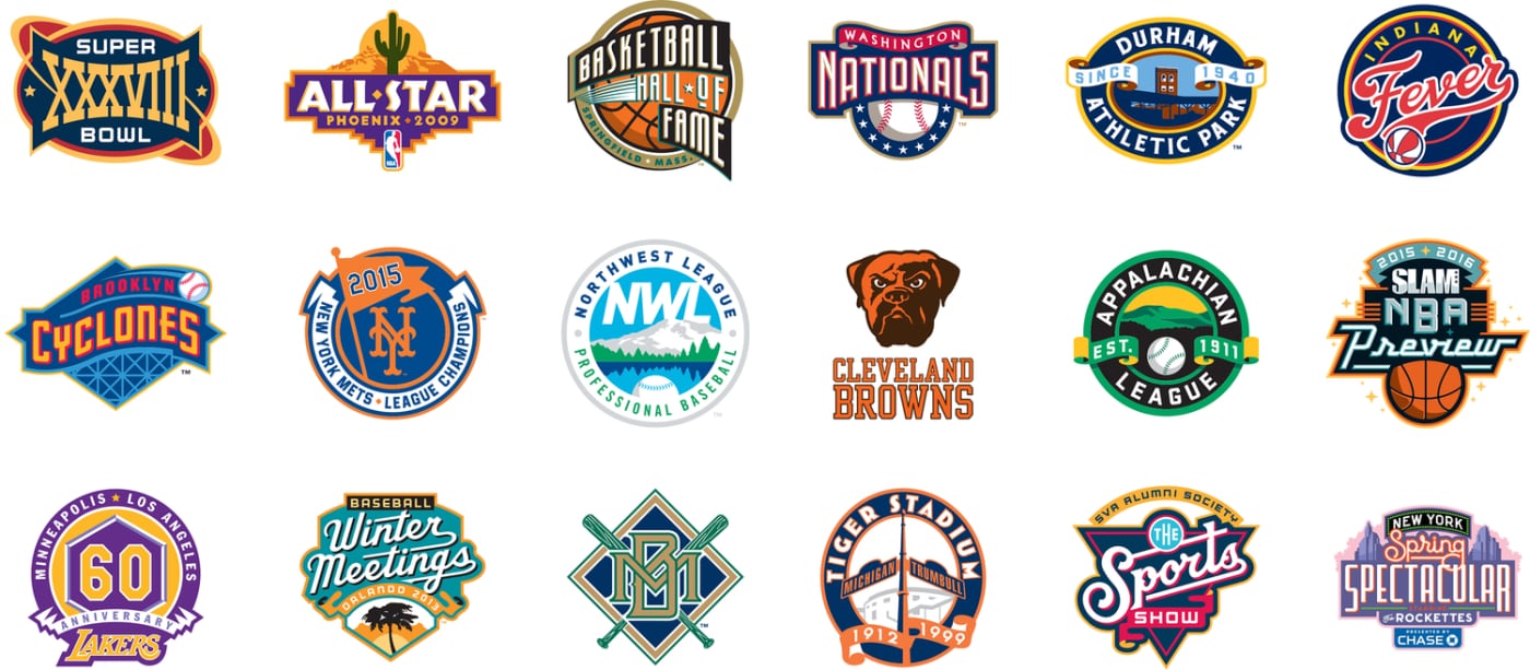 A grid of Todd Radom logos including the Super Bowl XXXVIII logo, the Washington Nationals, the Cleveland Browns and Durham Athletic Park
