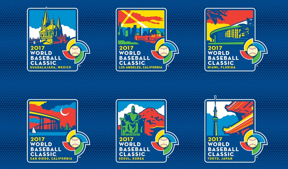 Todd Radom host city logos for the 2017 World Baseball Classic in Guadalajara, Los Angeles, Miami, San Diego, Seoul and Tokyo