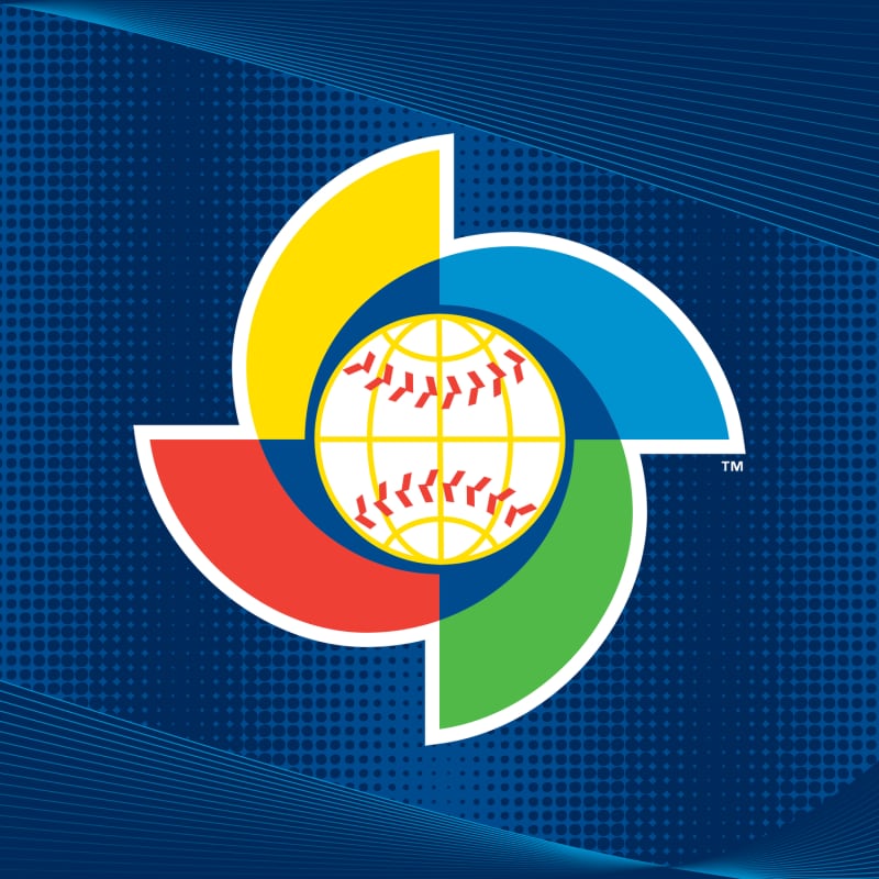 The World Baseball Classic logo designed by Todd Radom, a four-color pinwheel around a baseball globe