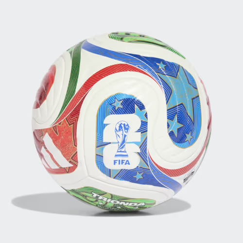 The adidas Trionda, the official match ball of the 2026 World Cup, showing the red, blue, and green wave panels, the debossed blue star section, and the gold-trimmed tournament emblem