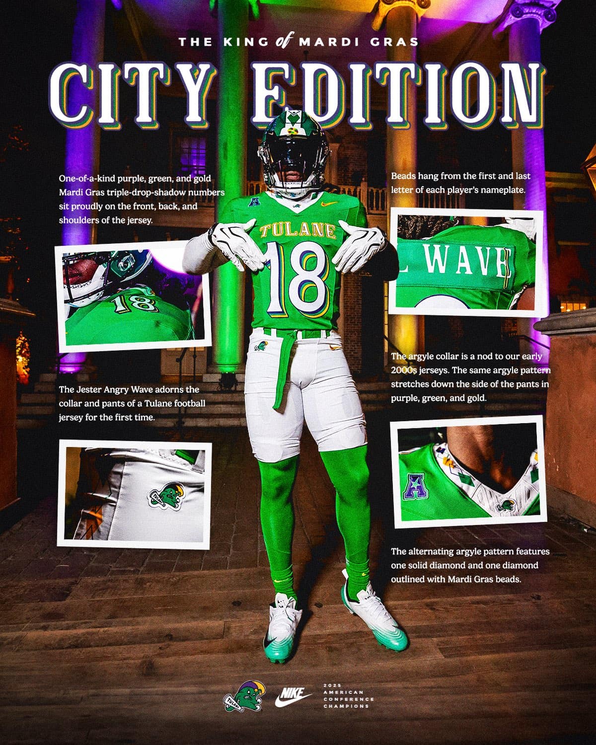 Tulane City Edition uniform details, showing the argyle collar, Jester Angry Wave, beaded nameplate and Mardi Gras numbers
