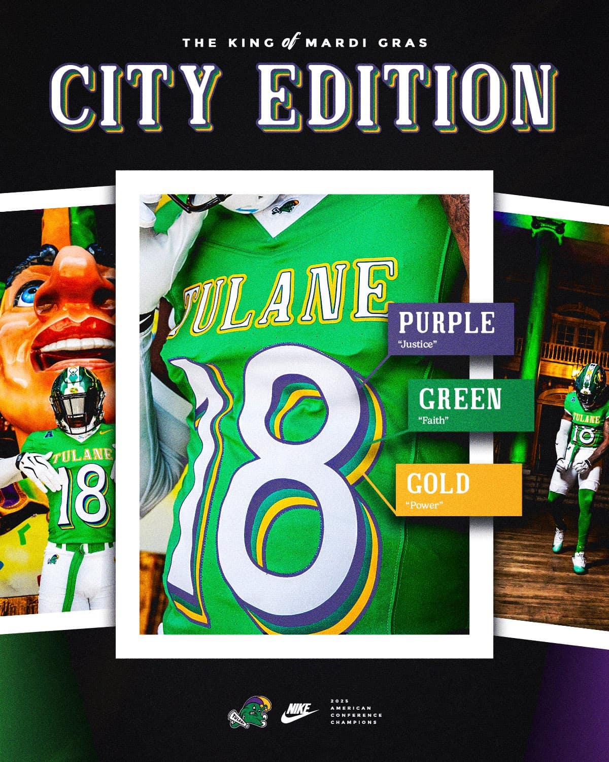 Tulane City Edition number close-up showing the purple, green and gold triple drop shadow and the meaning of each Mardi Gras color