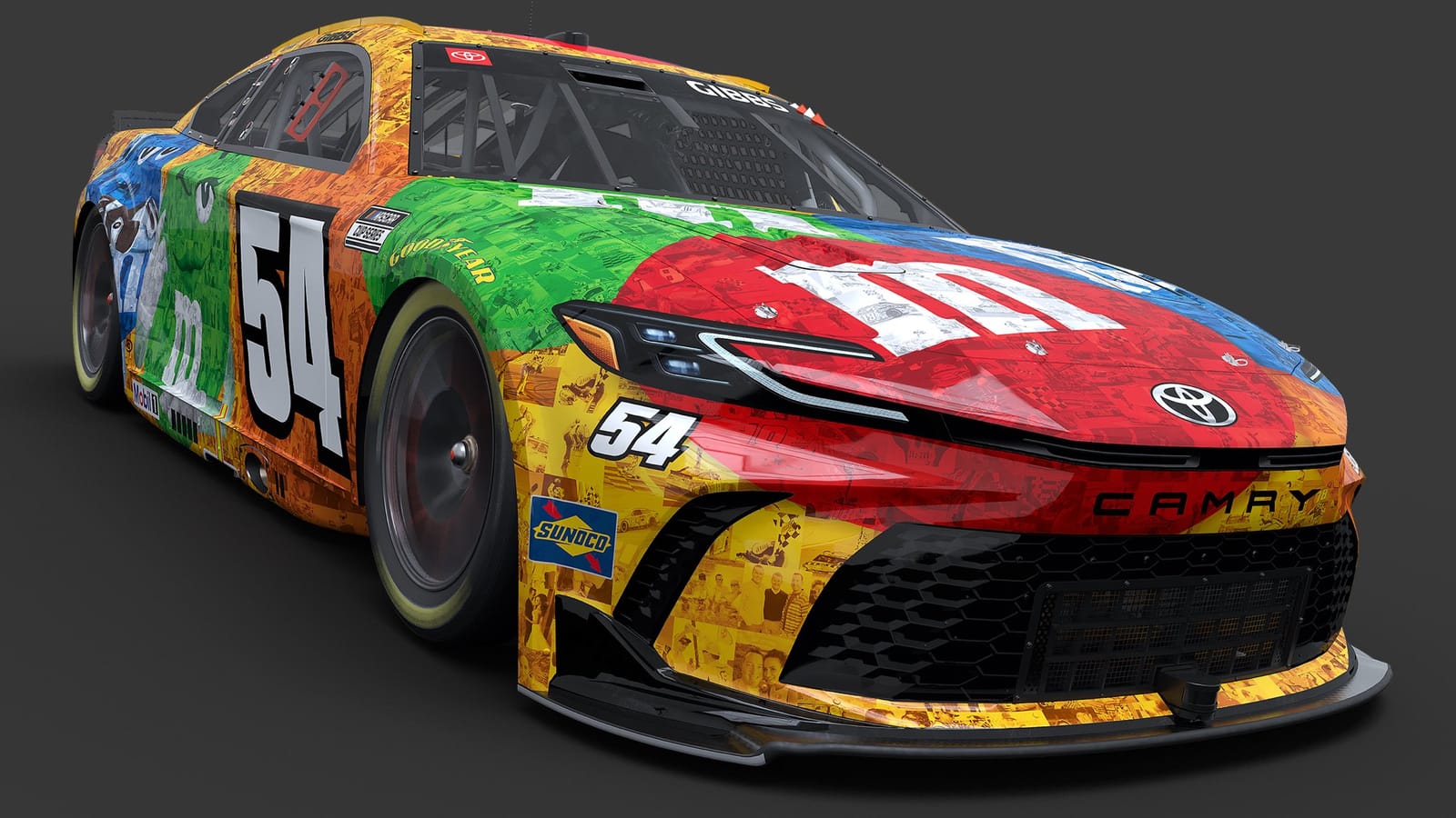 Ty Gibbs' No. 54 Joe Gibbs Racing Toyota Camry in the M&M's tribute paint scheme for Kyle Busch, with red, yellow, green, blue and orange panels filled with a photo mosaic of his career