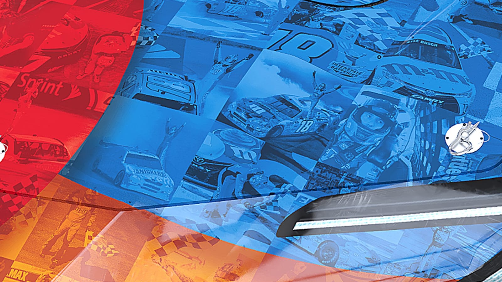 Close-up of the Ty Gibbs No. 54 M&M's tribute paint scheme showing photographs from Kyle Busch's career duotoned into each block of color, including the No. 18 Camry, an Interstate Batteries car, a Snickers truck and victory celebrations