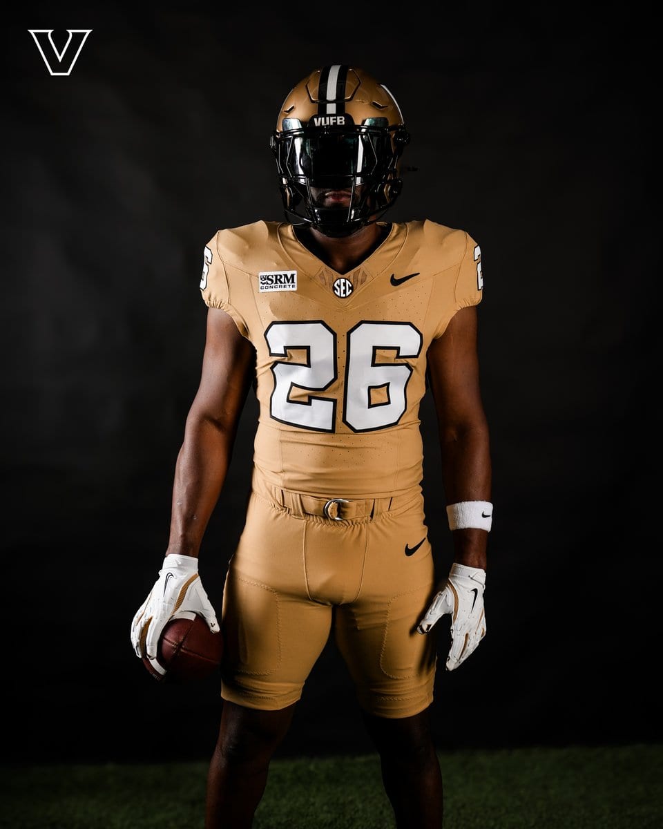 Vanderbilt Commodores new all-gold 2026 football uniform, with gold helmet, gold jersey with white numbers outlined in black, and matching gold pants