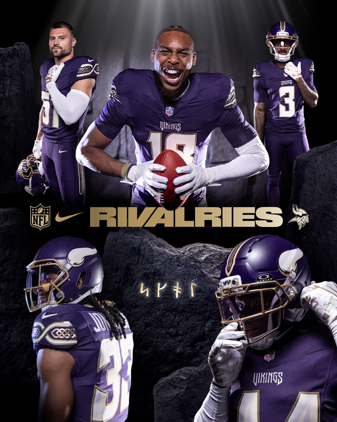 Minnesota Vikings Rivalries uniform, deep purple with ivory and gold rune-carved numbers and Nordic knot shoulder trim