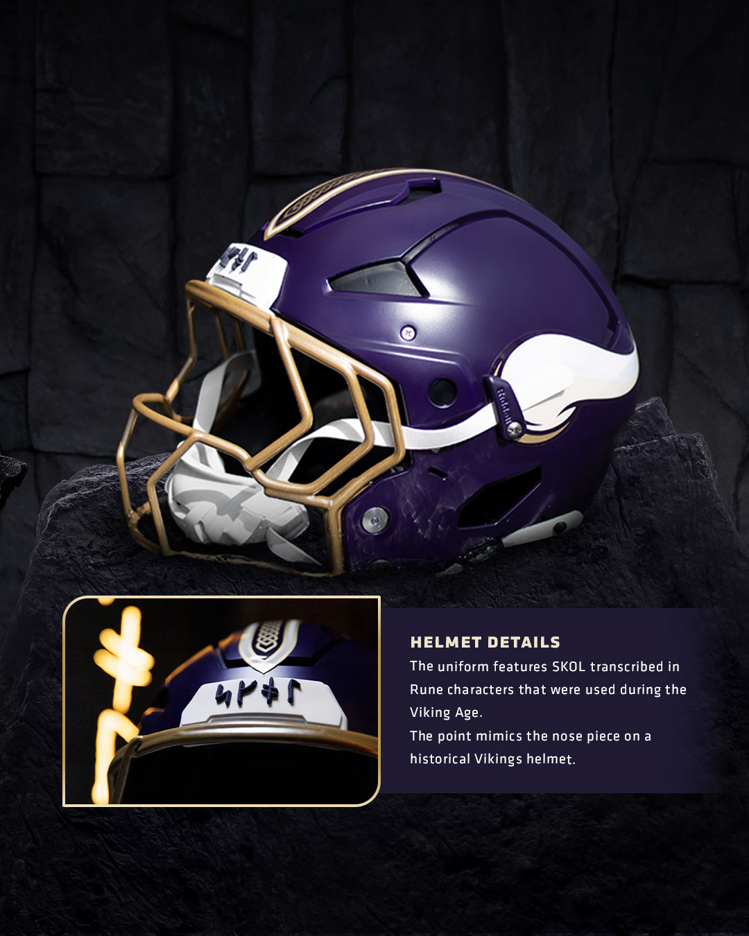 Vikings Rivalries matte purple helmet with gold face mask, gold knot stripe, and SKOL in rune characters on the bumper