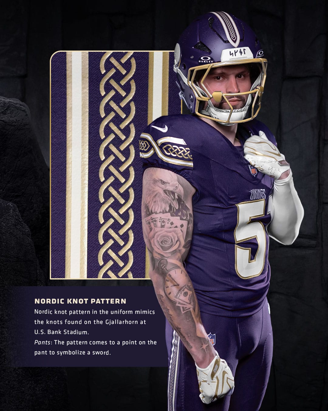 Vikings Rivalries Nordic knot pattern on the shoulders and pants, inspired by the Gjallarhorn