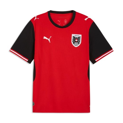 Austria 2026 World Cup red Puma home jersey with white trim and the ÖFB crest, worn in the Group J match vs Algeria