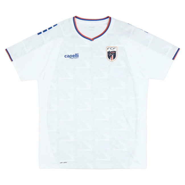 Cape Verde 2026 World Cup Capelli white change jersey with tonal geometric print and blue and orange collar trim worn in the Group H match vs Spain at Mercedes-Benz Stadium