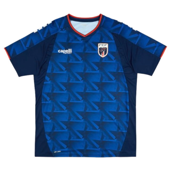 Cape Verde 2026 World Cup royal blue Capelli home jersey with a geometric pattern and red collar trim, worn in the Round of 32 vs Argentina