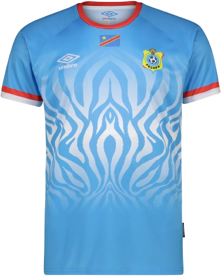 Congo DR 2026 World Cup sky blue Umbro home jersey with a tonal zebra-stripe pattern and the Leopards crest, worn in the Round of 32 vs England