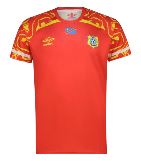 Congo DR 2026 World Cup red Umbro away jersey with tonal gold leopard-print shoulders and the Leopards crest, worn in the Group K match vs Uzbekistan