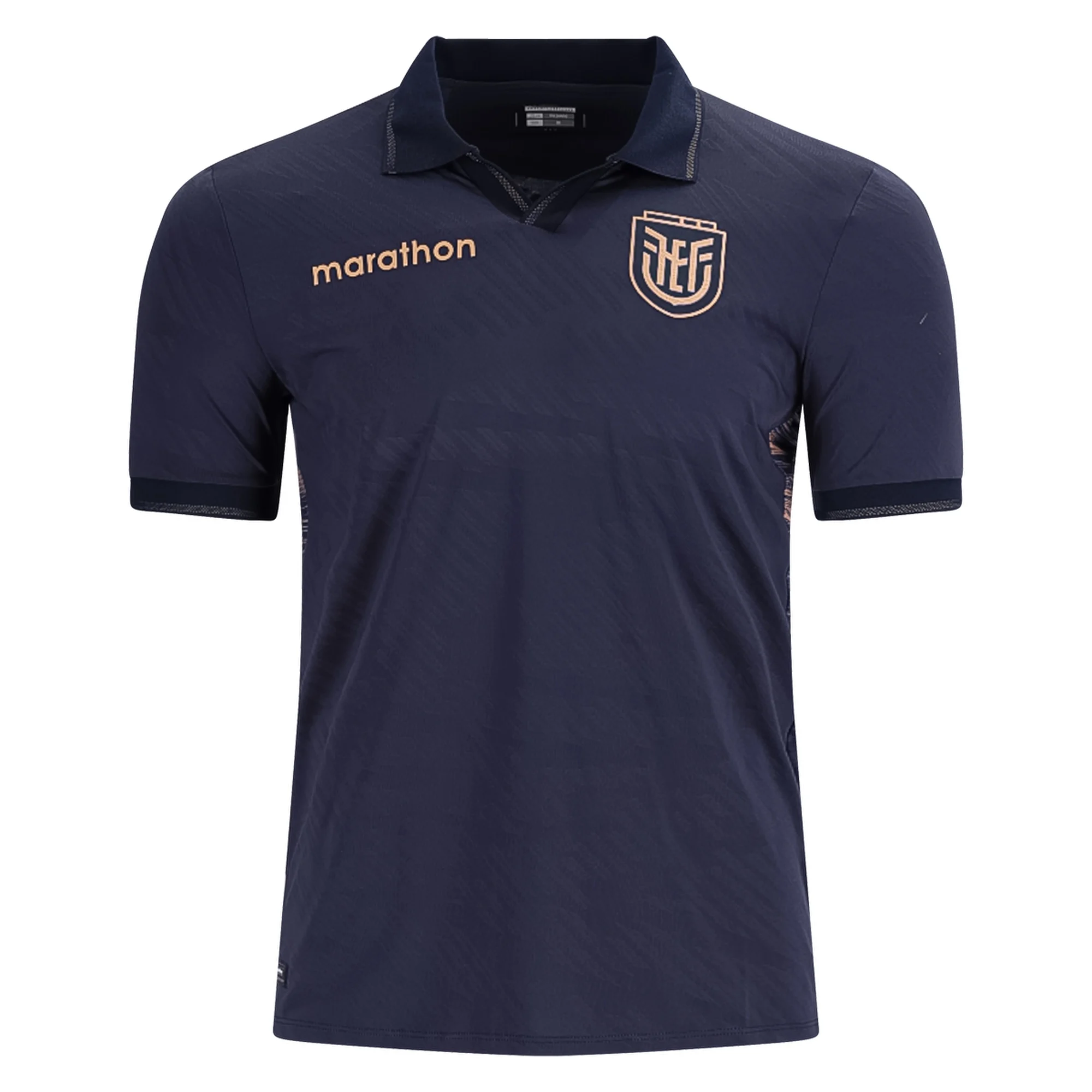 Ecuador 2026 World Cup Marathon navy blue change jersey with copper crest and trim worn in the Group E match vs Ivory Coast at Lincoln Financial Field in Philadelphia