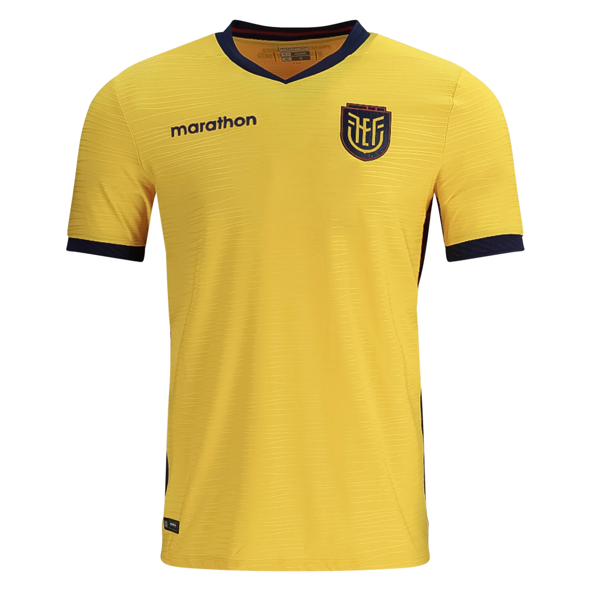 Ecuador 2026 World Cup sunflower yellow home jersey with blue and red accents, worn in the Round of 32 vs Mexico