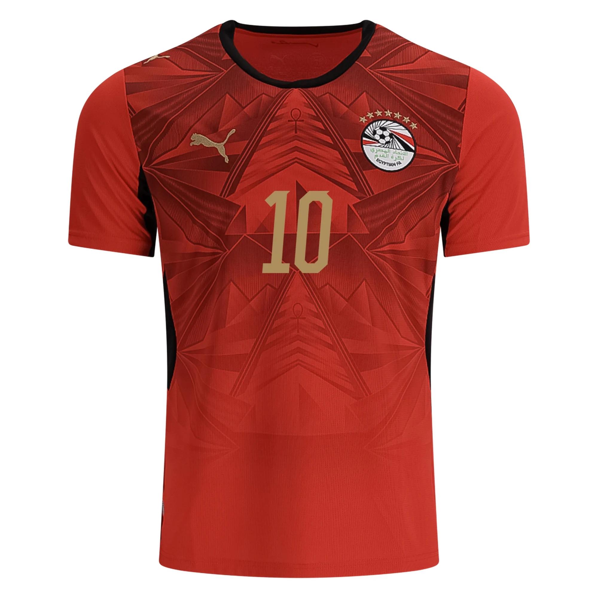 Egypt 2026 World Cup red Puma home jersey with a tonal geometric pattern and the Pharaohs crest, worn in the Round of 32 vs Australia