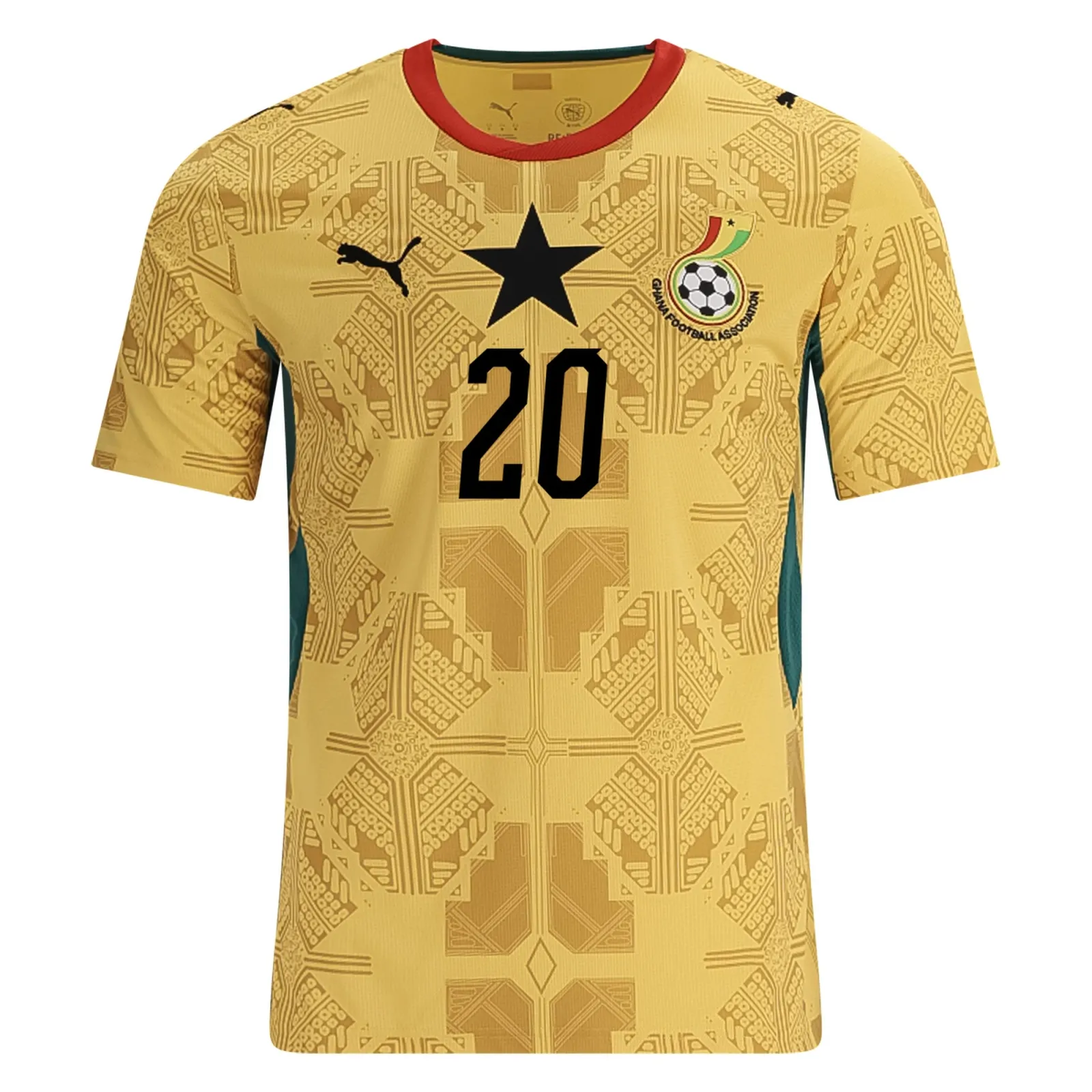Ghana 2026 World Cup gold Puma away jersey with a tonal kente pattern and the black star crest, worn in the Group L match vs Croatia