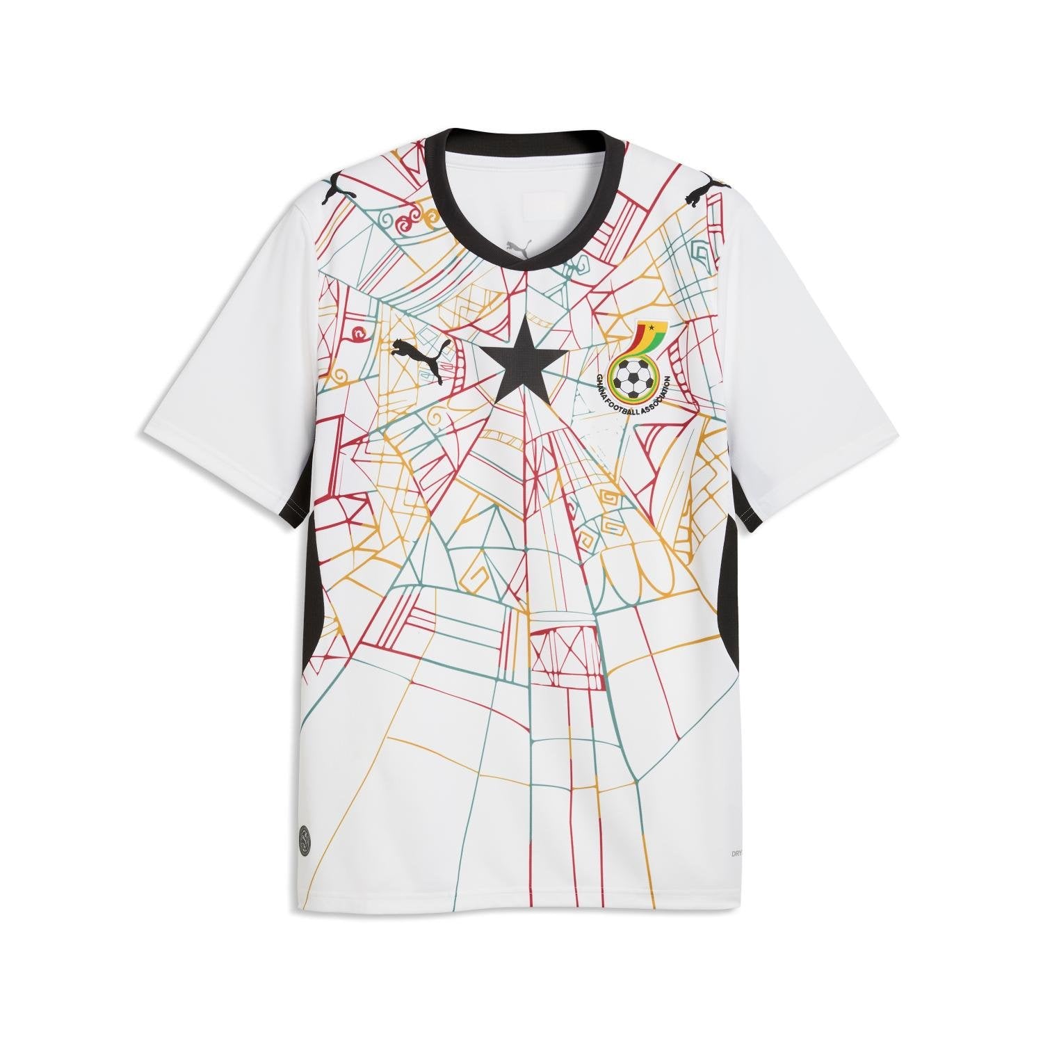 Ghana 2026 World Cup white Puma home jersey with red gold and green line motifs and the black star, worn in the Round of 32 vs Colombia