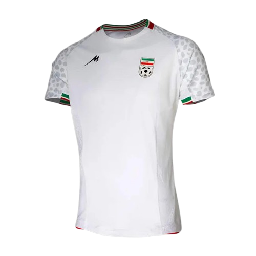 Iran 2026 World Cup Majid white home jersey with tricolor flag trim and a tonal cheetah-print on the sleeves, worn in the Group G match vs Egypt