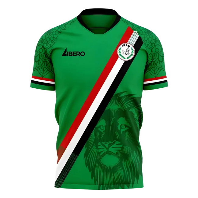 Iraq 2026 World Cup green home jersey with the red white and black sash and a tonal lion graphic, worn in the Group I match vs Senegal