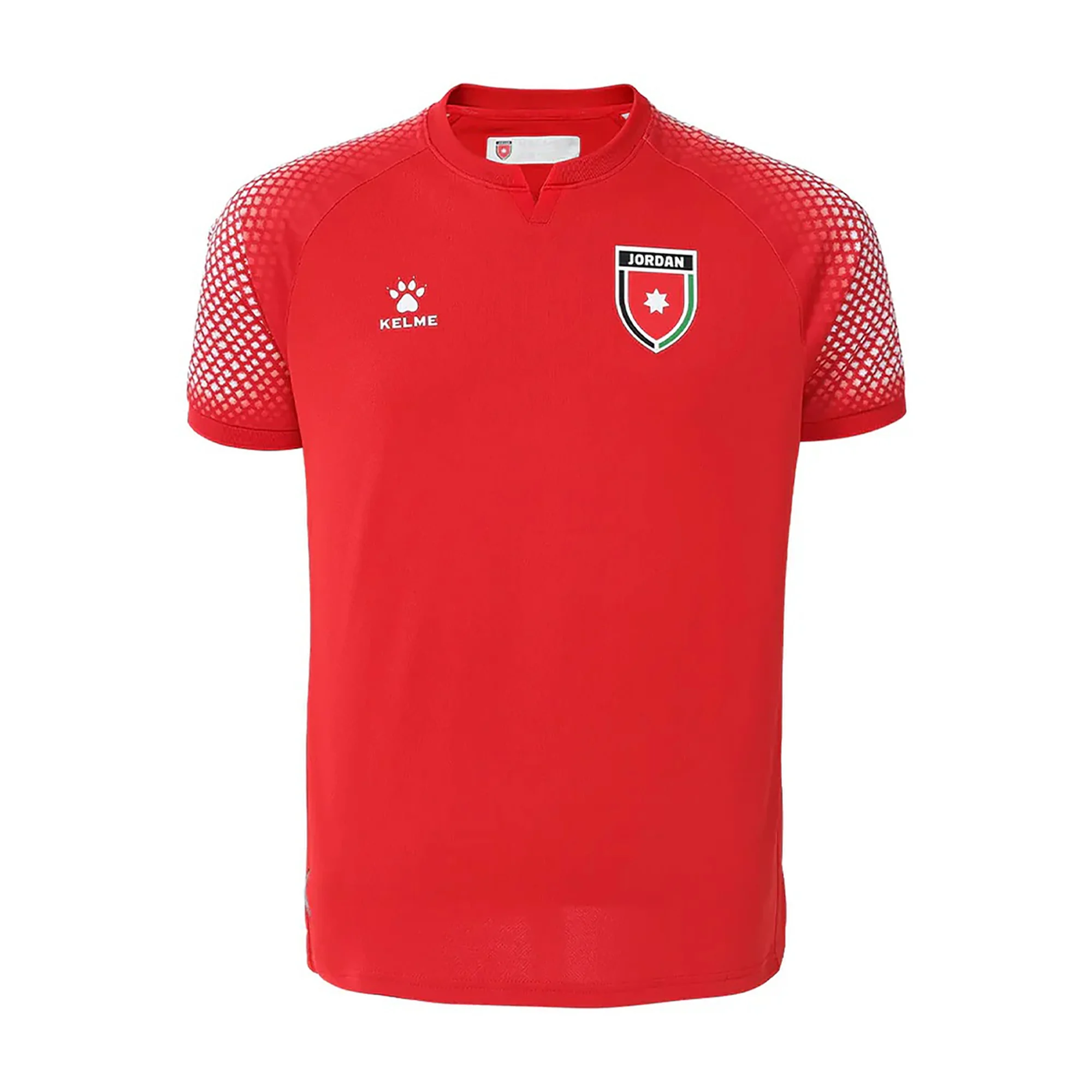 Jordan 2026 World Cup red Kelme change jersey with a white dot pattern across the shoulders and the Jordan shield crest, worn in the Group J match vs Algeria