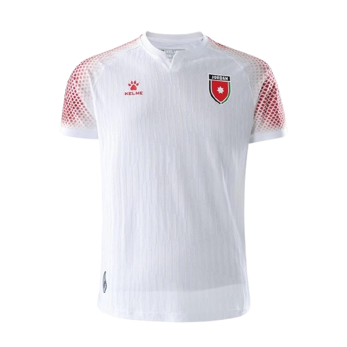 Jordan 2026 World Cup white Kelme home jersey with red and green trim and the Nashama crest, worn in the Group J match vs Argentina