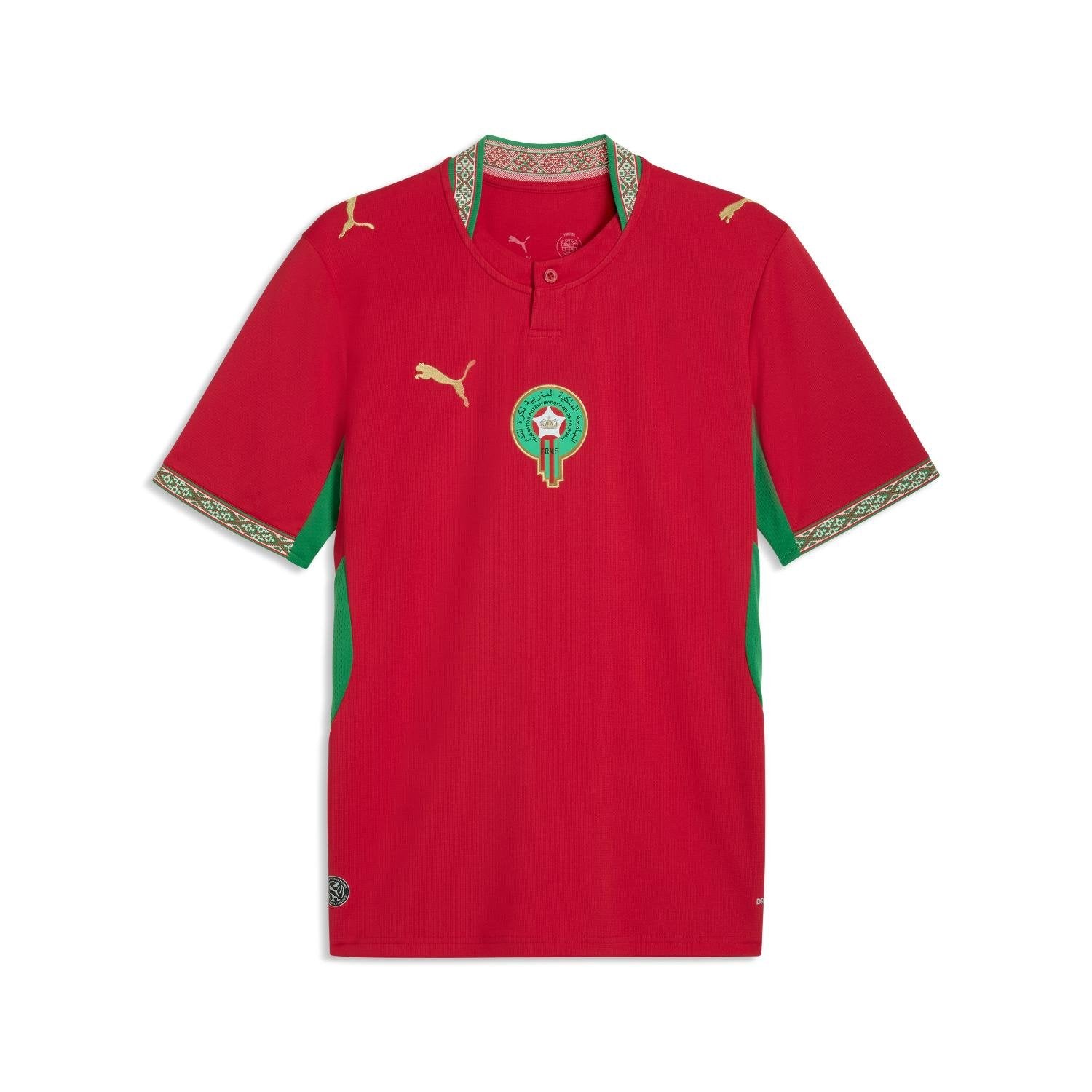 Morocco 2026 World Cup red Puma home jersey with green trim and the Atlas Lions crest, worn in the quarterfinal match vs France