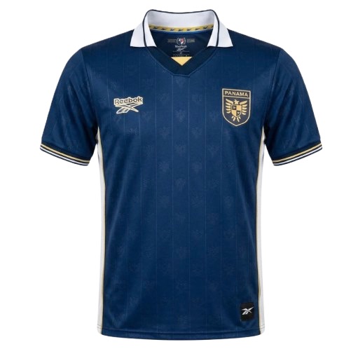Panama 2026 World Cup Reebok navy third jersey with a white collar and side panels, gold trim, a tonal pattern, and the gold Panama harpy eagle crest, worn in the Group L match vs Croatia