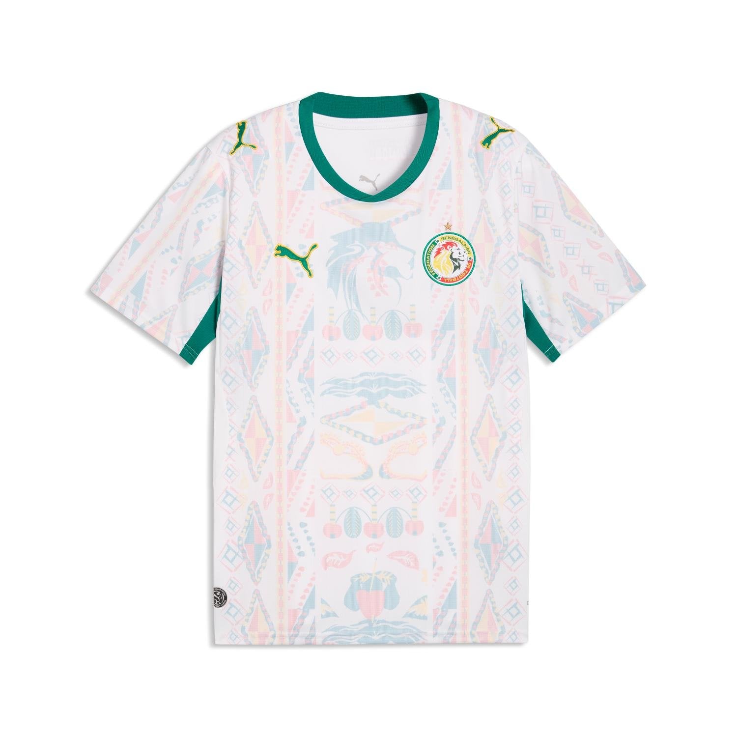 Senegal 2026 World Cup white Puma home jersey with a pastel African pattern, green trim, and the Lions of Teranga crest, worn in the Group I match vs Iraq