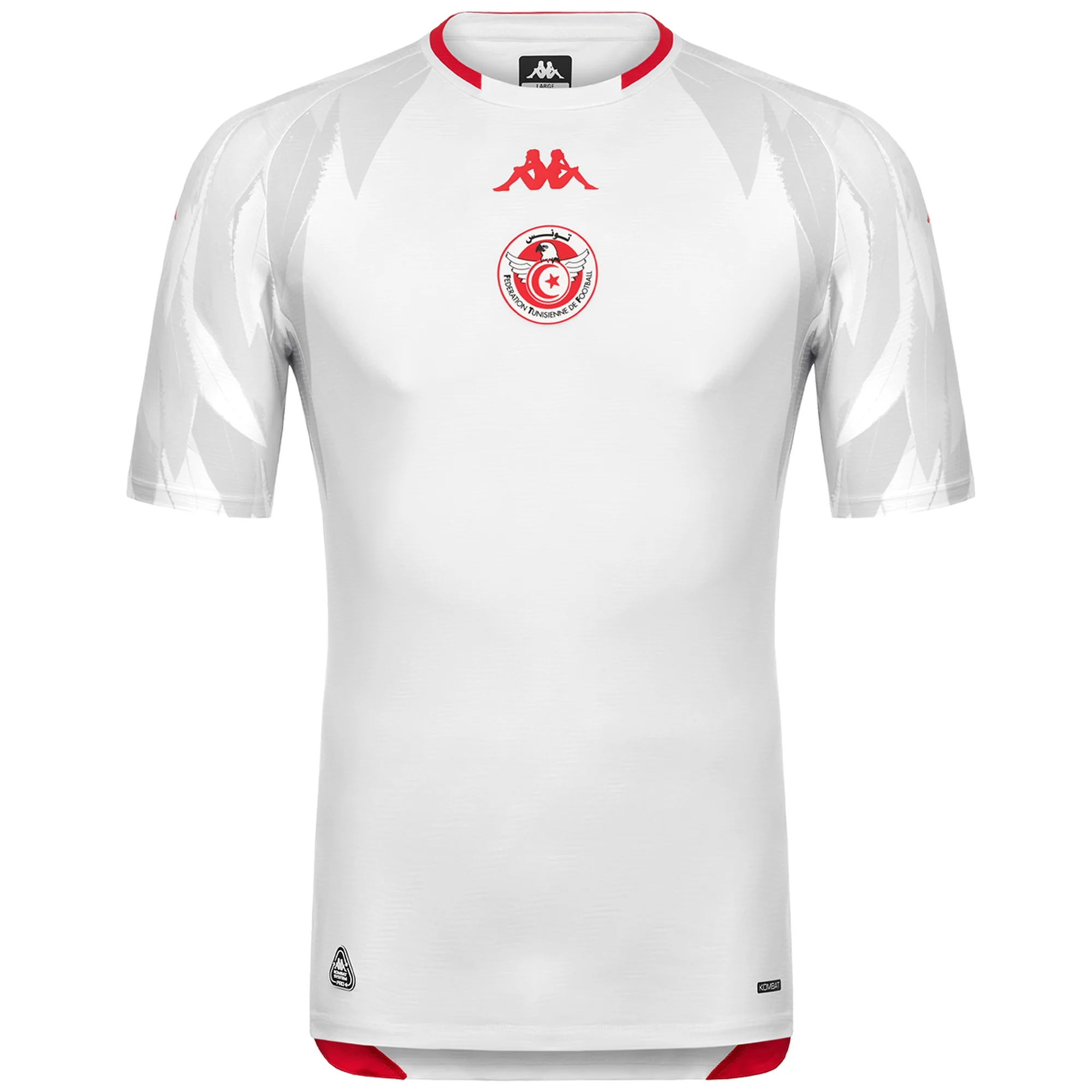 Tunisia 2026 World Cup white Kappa away jersey with red trim and the Eagles of Carthage crest, worn in the Group F match vs Netherlands