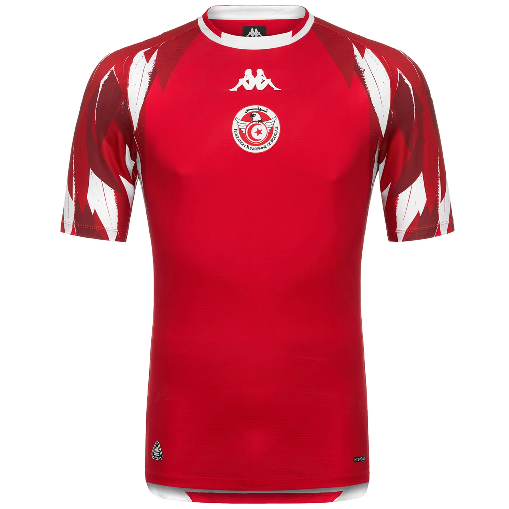 Tunisia 2026 World Cup Kappa red home jersey with white eagle-feather shoulder print worn in the Group F match vs Sweden at Estadio BBVA in Monterrey