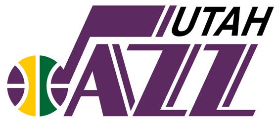 Utah Jazz 1979-1996 logo, the J-note with a basketball and a purple JAZZ wordmark