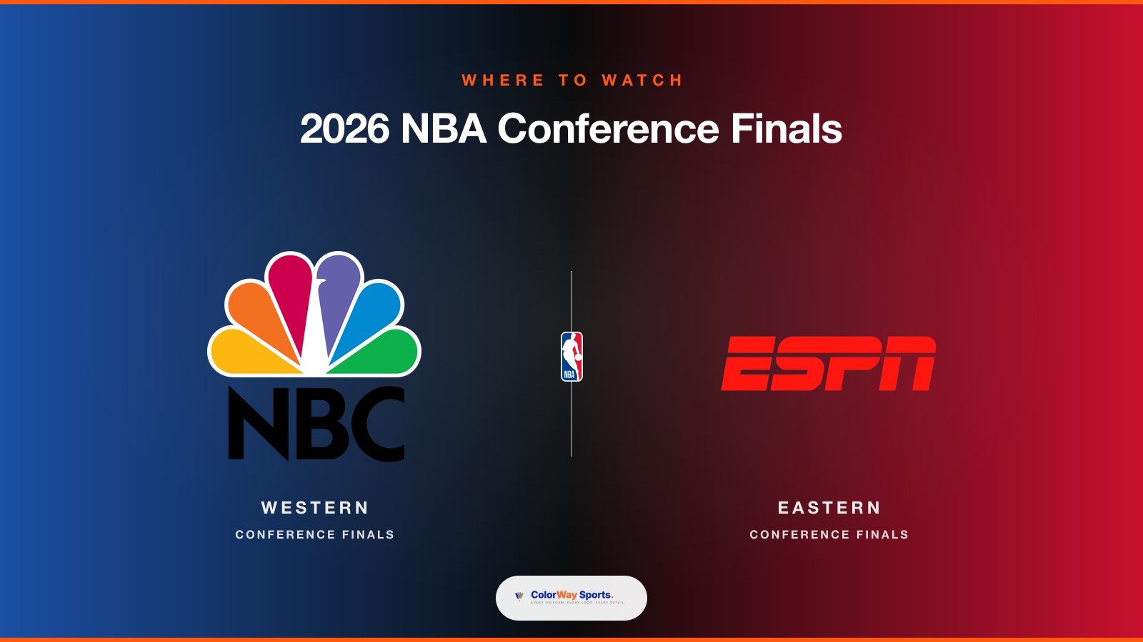 Where to watch the 2026 NBA Conference Finals cover graphic showing NBC peacock logo on the left for the Western Conference Finals and the ESPN logo on the right for the Eastern Conference Finals with the NBA logo centered between them on a blue to red gradient