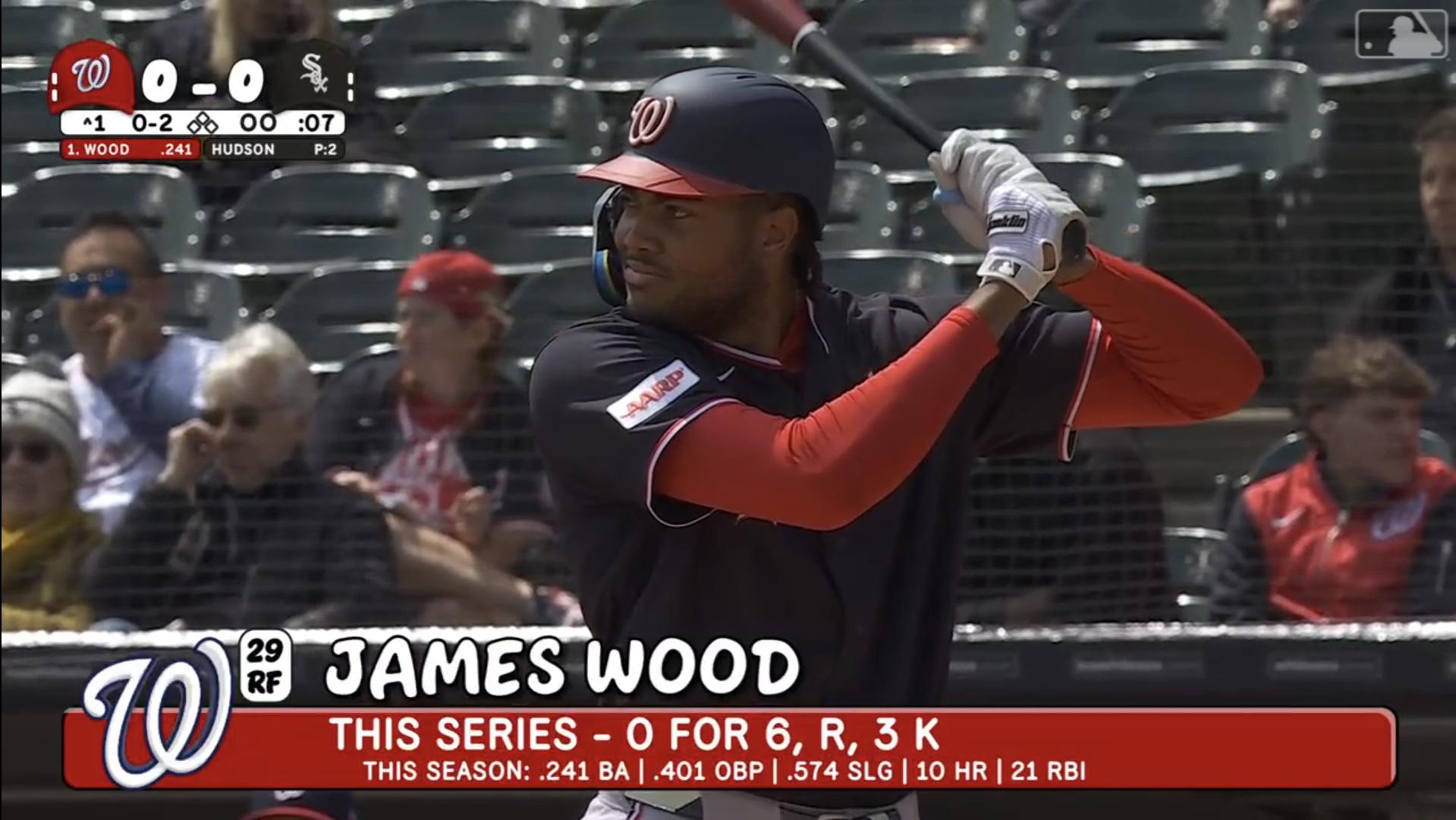 James Wood Washington Nationals lower-third player graphic during White Sox Kids Day broadcast 2026 showing series stats and season averages