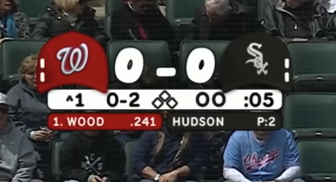 Chicago White Sox custom Kids Day alternate scorebug during 2026 Nationals at White Sox broadcast at Rate Field with score 0-0 in the first inning