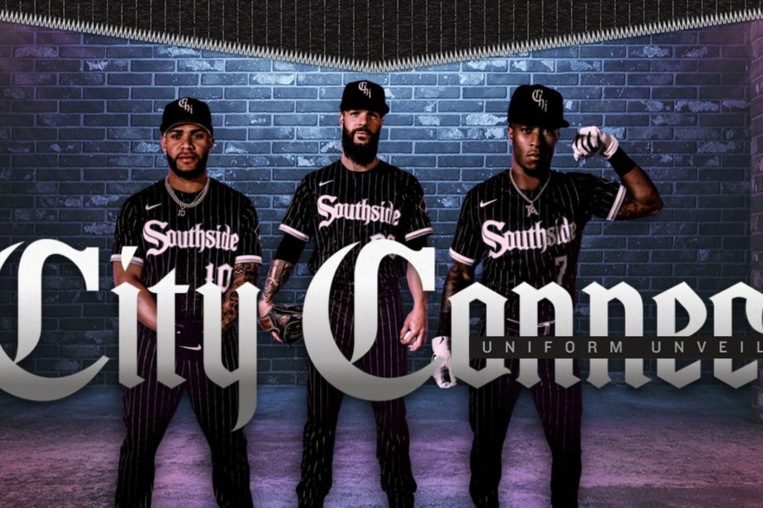 Chicago White Sox players including Tim Anderson wearing the Southside City Connect uniforms at the unveil