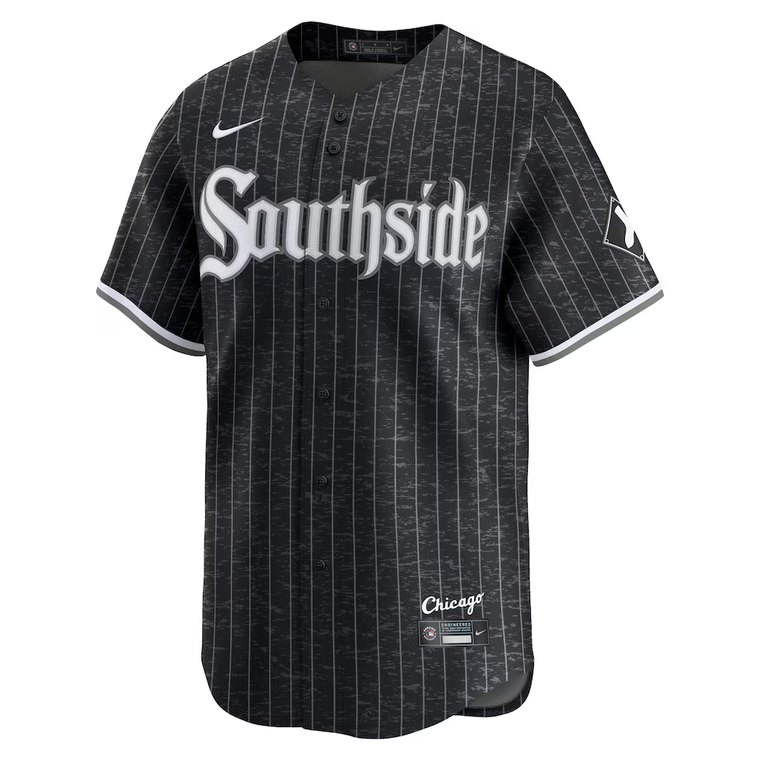 Chicago White Sox Southside City Connect jersey, charcoal with white pinstripes and Gothic Southside lettering