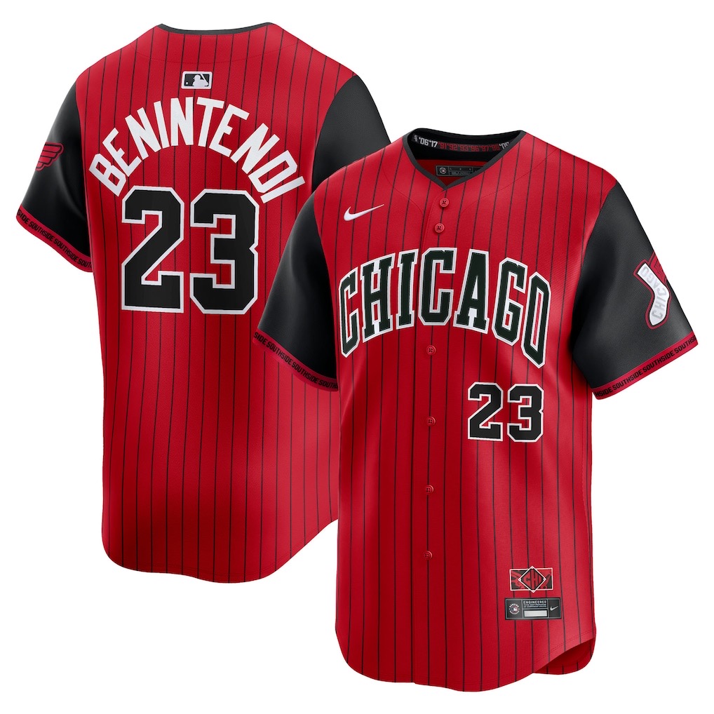 Chicago White Sox 2026 City Connect jersey, red with black pinstripes and Chicago across the chest