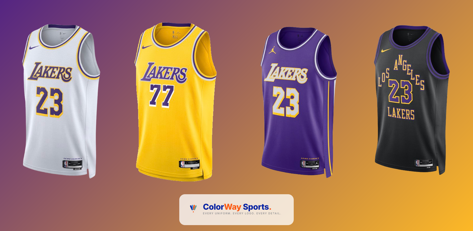 Los Angeles Lakers Association white, Icon gold, Statement purple, and City black jerseys side by side illustrating the home jersey and uniform selection process for the 2026 NBA Playoffs