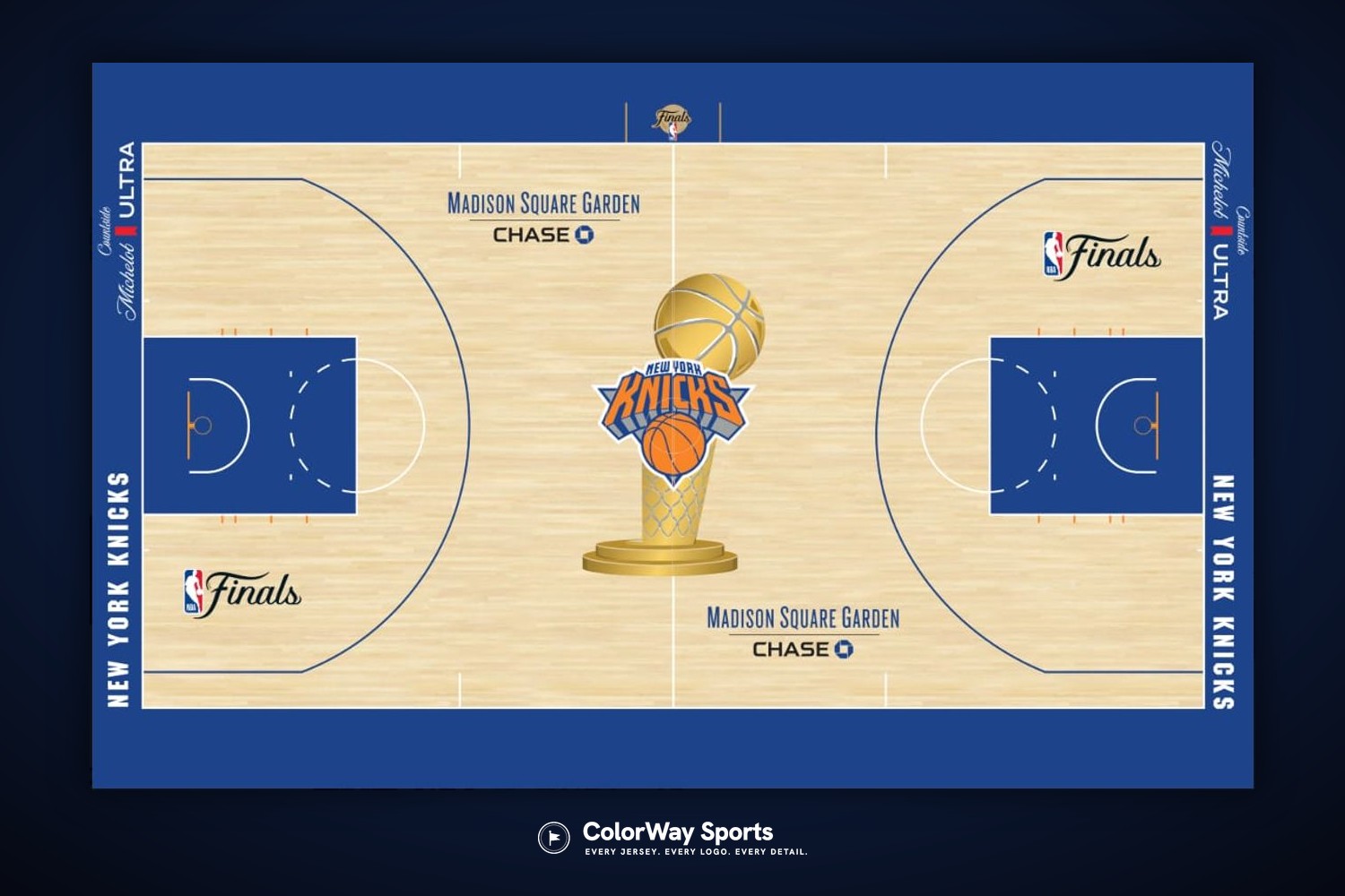 An overhead NBA court design rendering with the team logo and wordmarks, the kind of hardwood each team designs in-house within league guidelines