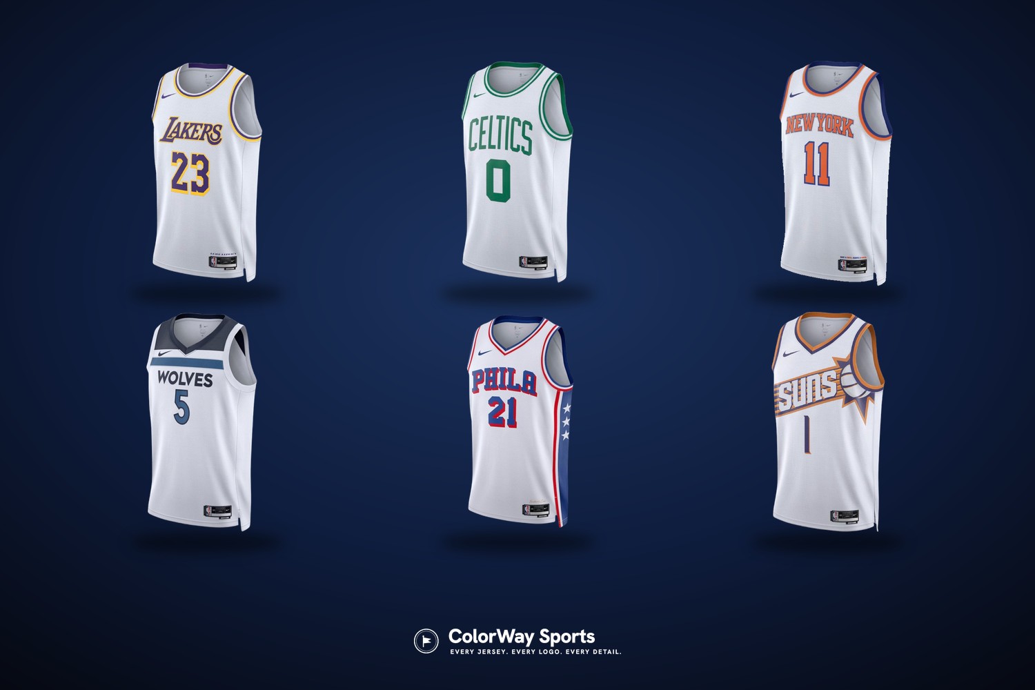 Six NBA Association white uniforms — the Lakers, Celtics, Knicks, Timberwolves, 76ers, and Suns home whites, the jerseys teams increasingly leave in the closet at home